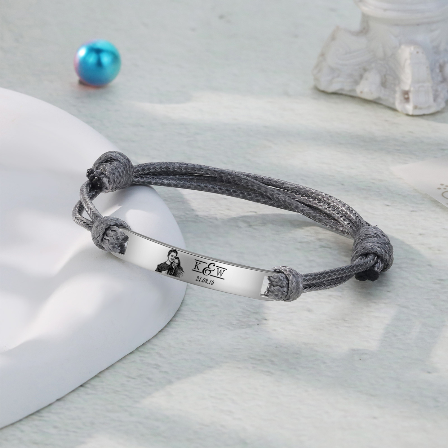 Bracelet Initiale 2 Lettres Personnalisées avec Photo et Date pour Couple｜Jessemade