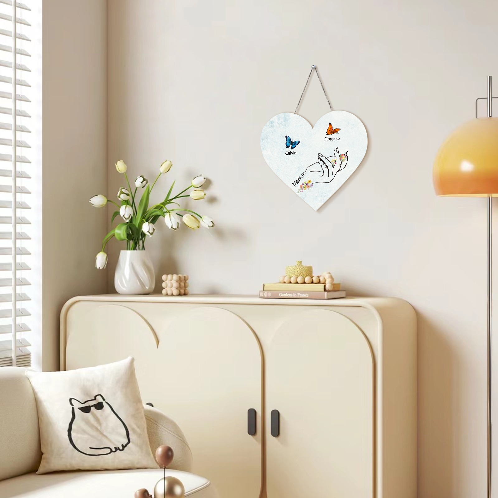 À Maman/Mamie - Veilleuse Cœur Décoration Main et Papillon 2 Prénoms Personnalisés avec 1 Texte