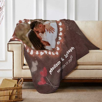 Couverture Plaids Polaire 2 Prénoms Personnalisés avec Date et Photo pour Couple | Jessemade