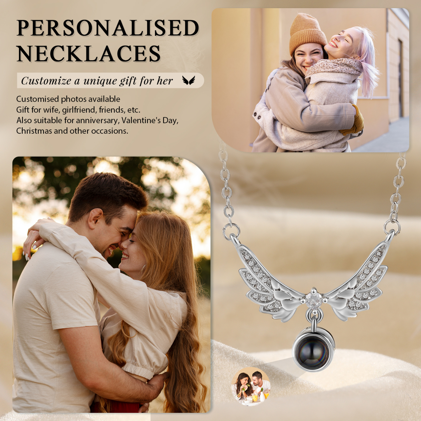 Collier Ailes Projection de Pierres 1 Photo Personnalisée Collier pour Femmes | Jessemade