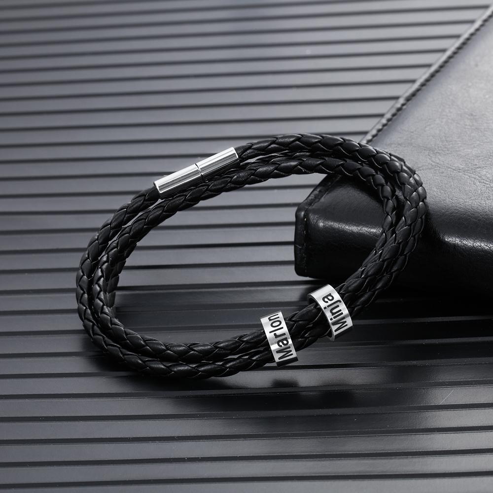 Bracelet Cuir tressé Prénom Personnalisé Bracelet Homme Avec 2 Perles