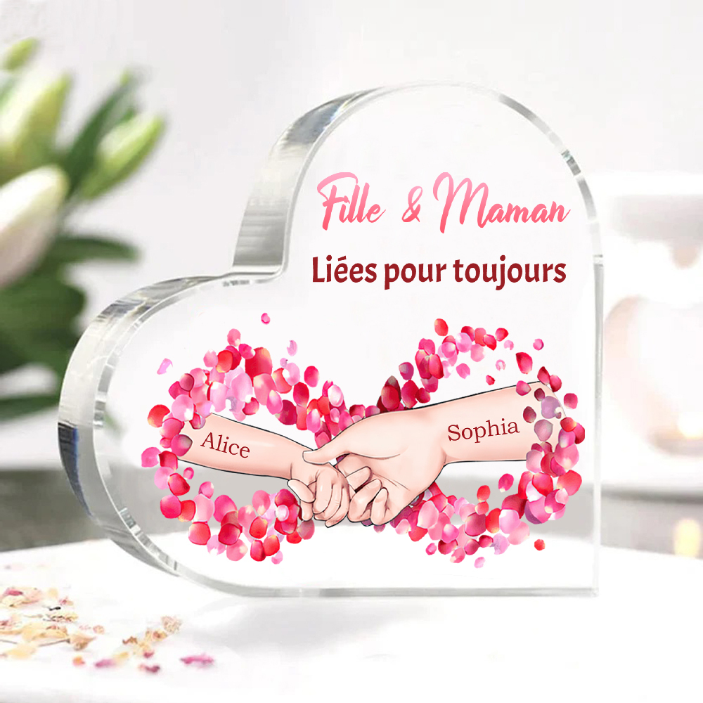 À ma Maman - Plaque Acrylique Maman et Fille en Forme de Cœur 2 Prénoms Personnalisés