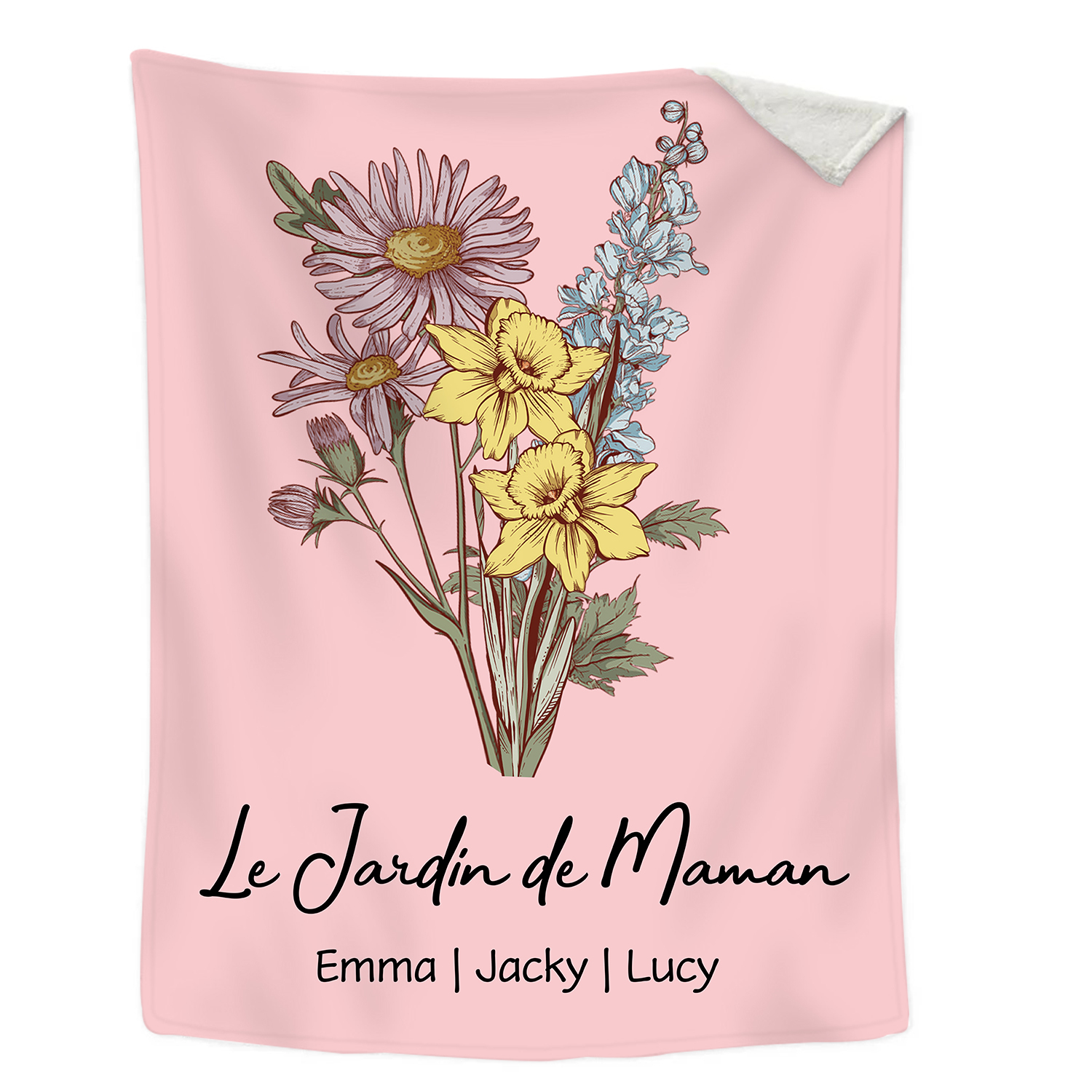 À ma Maman - Plaid Personnalisé avec 3 Prénoms et Fleurs de Naissance Couverture en Flanelle Blanc/Rose le jardin de Maman | Jessemade