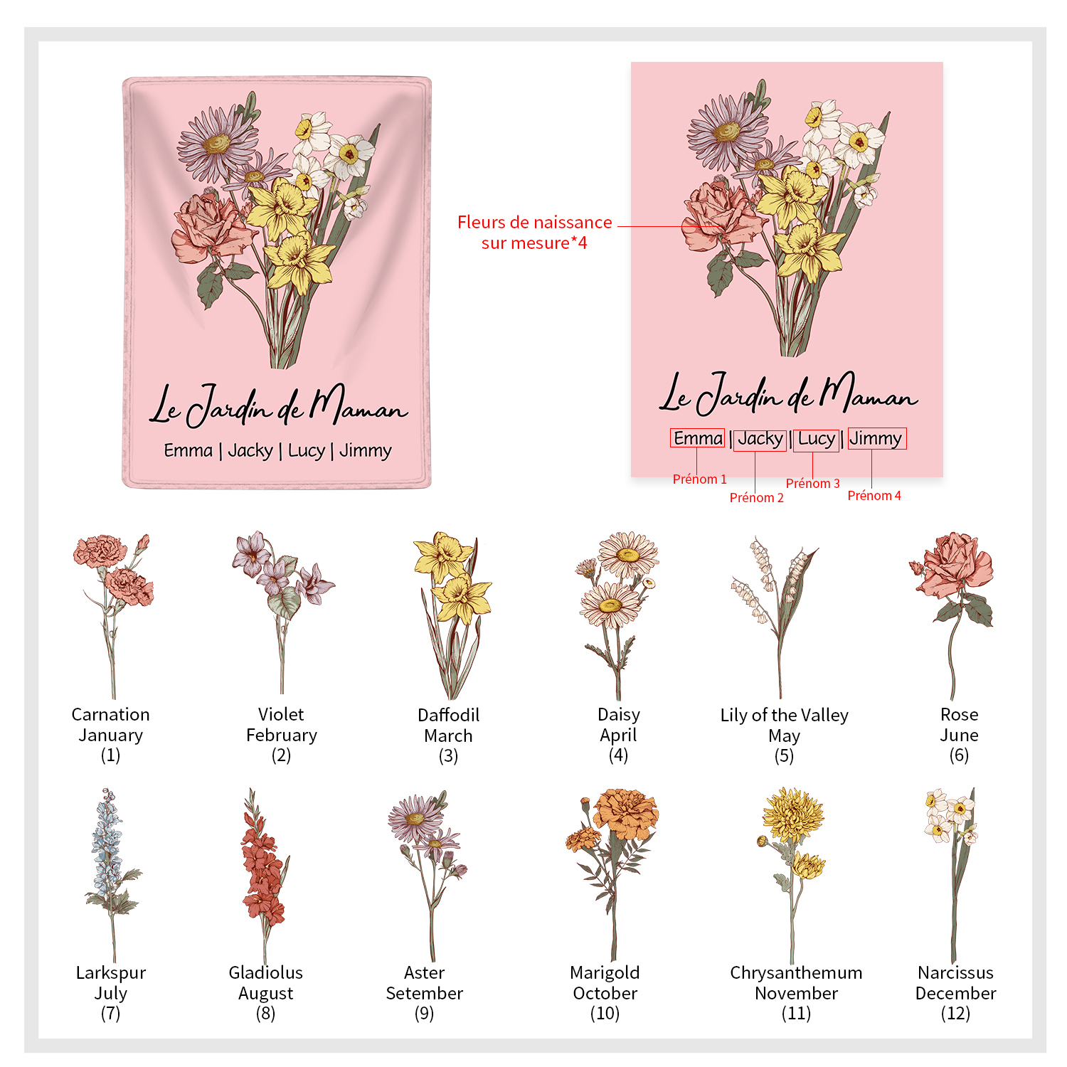 À ma Maman - Plaid Personnalisé avec 4 Prénoms et Fleurs de Naissance Couverture en Flanelle Blanc/Rose le jardin de Maman | Jessemade