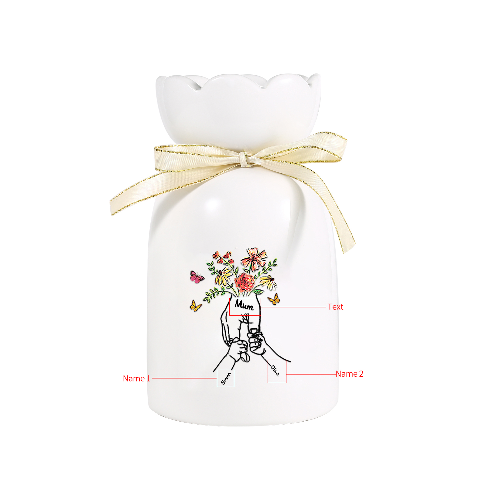 À Maman/Mamie - Vase en Céramique 2-8 Prénoms Personnalisés avec 1 Texte Vase la Main dans la Main (sans fleurs) | Jessemade