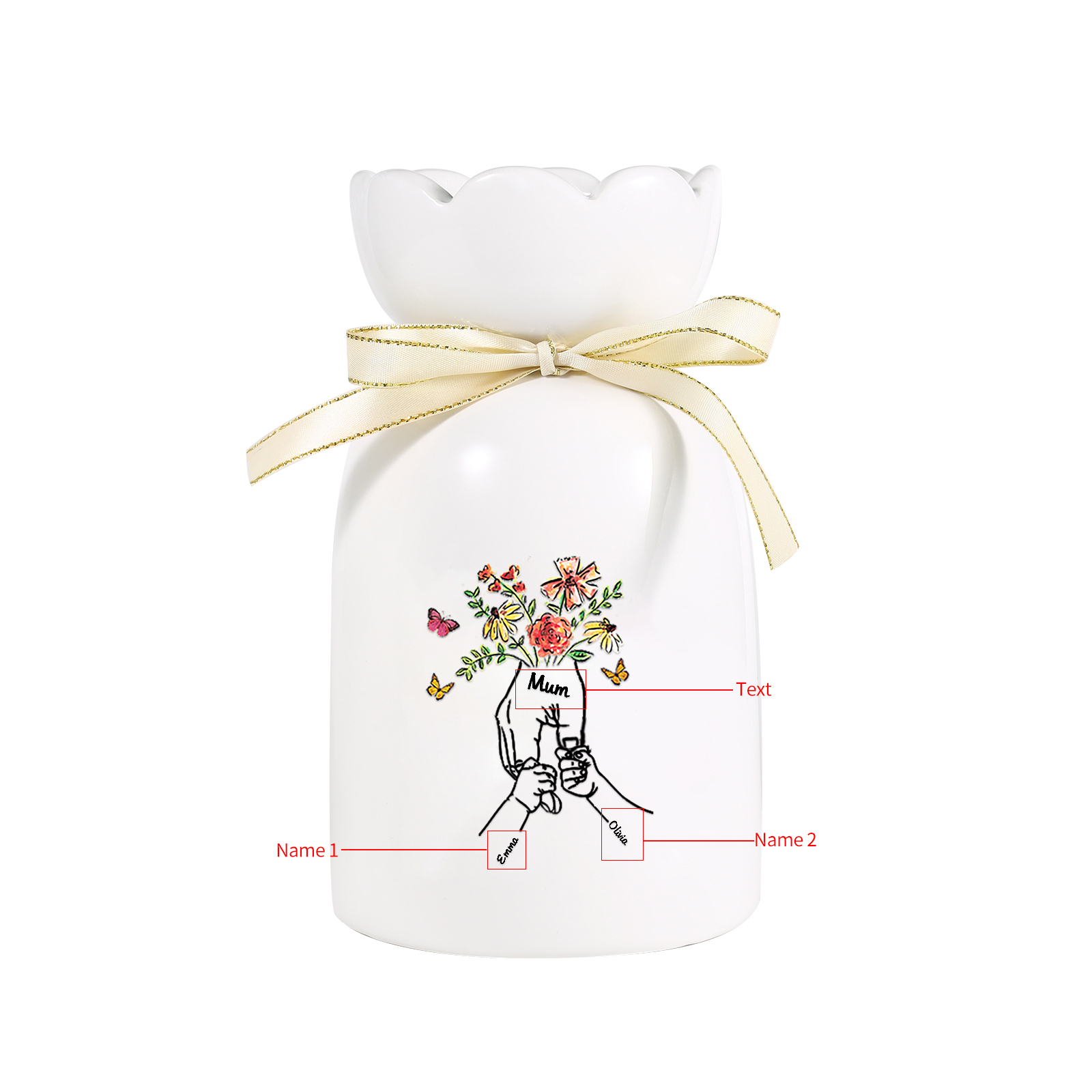 À Maman/Mamie - Vase en Céramique 2-8 Prénoms Personnalisés avec 1 Texte Vase la Main dans la Main (sans fleurs) | Jessemade