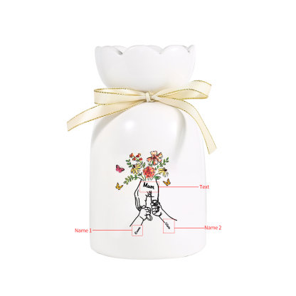 À Maman/Mamie - Vase en Céramique 2-8 Prénoms Personnalisés avec 1 Texte Vase la Main dans la Main (sans fleurs) | Jessemade