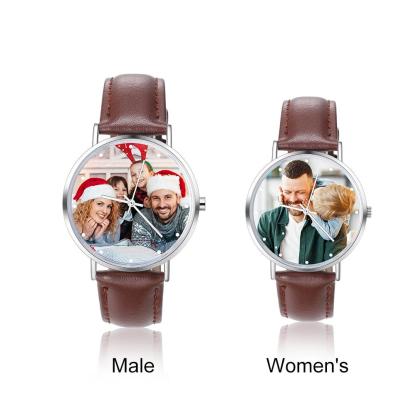 Montre Personnalisée Photo avec Gravure du prénom ou Message Bracelet en Cuir pour Homme