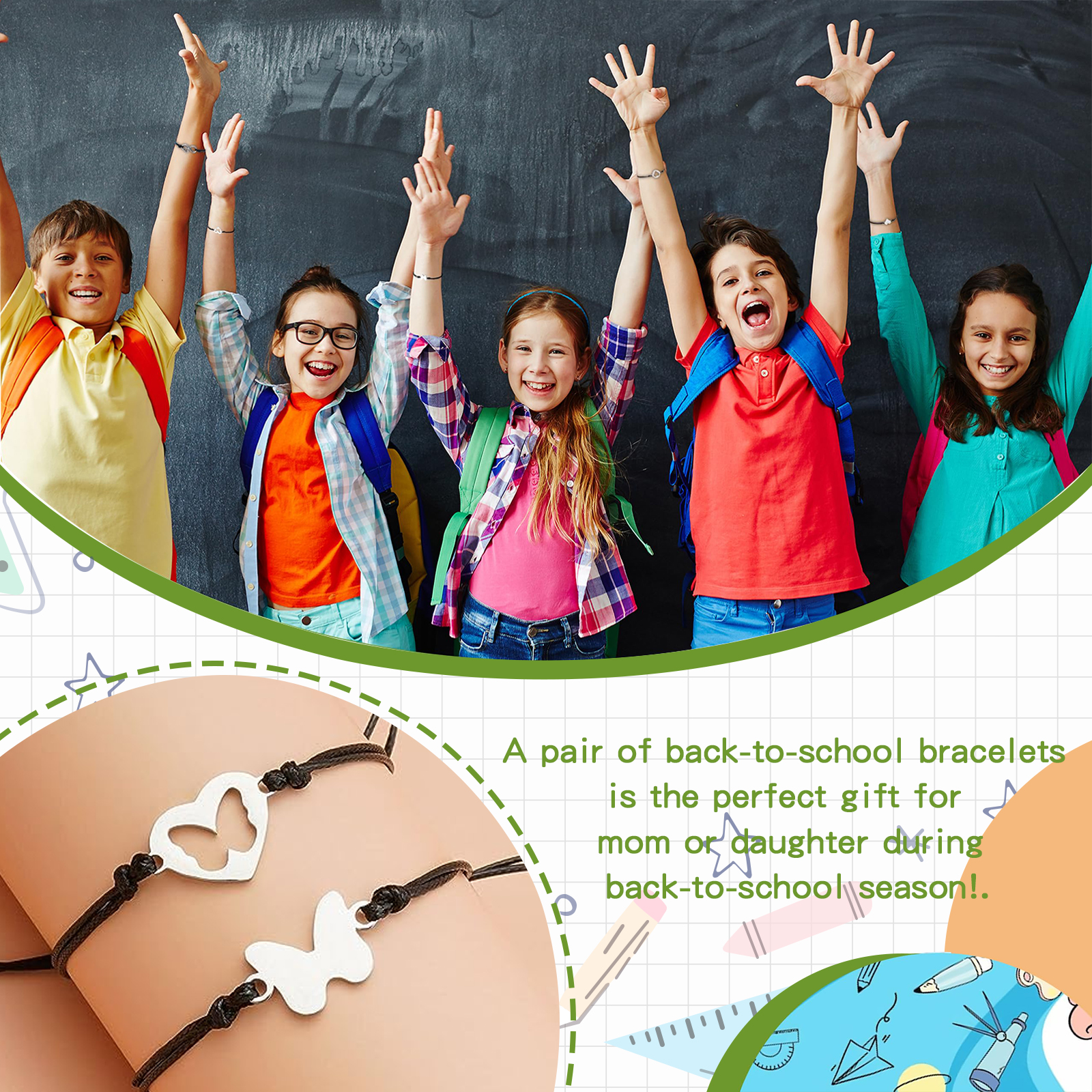2PCS Ensemble de Bracelets Papillon Bracelet en Commun Cadeau Rentrée Scolaire Premier jour d’école｜Jessemade