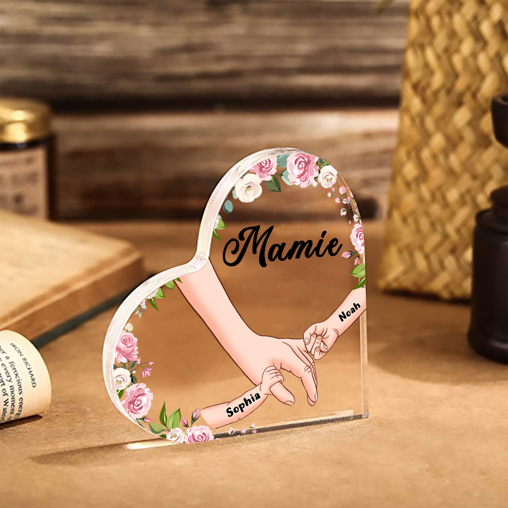 À Ma Nounou - Plaque Acrylique en Forme de Cœur La Main Dans La Main 2 Prénoms Personnalisés avec Texte