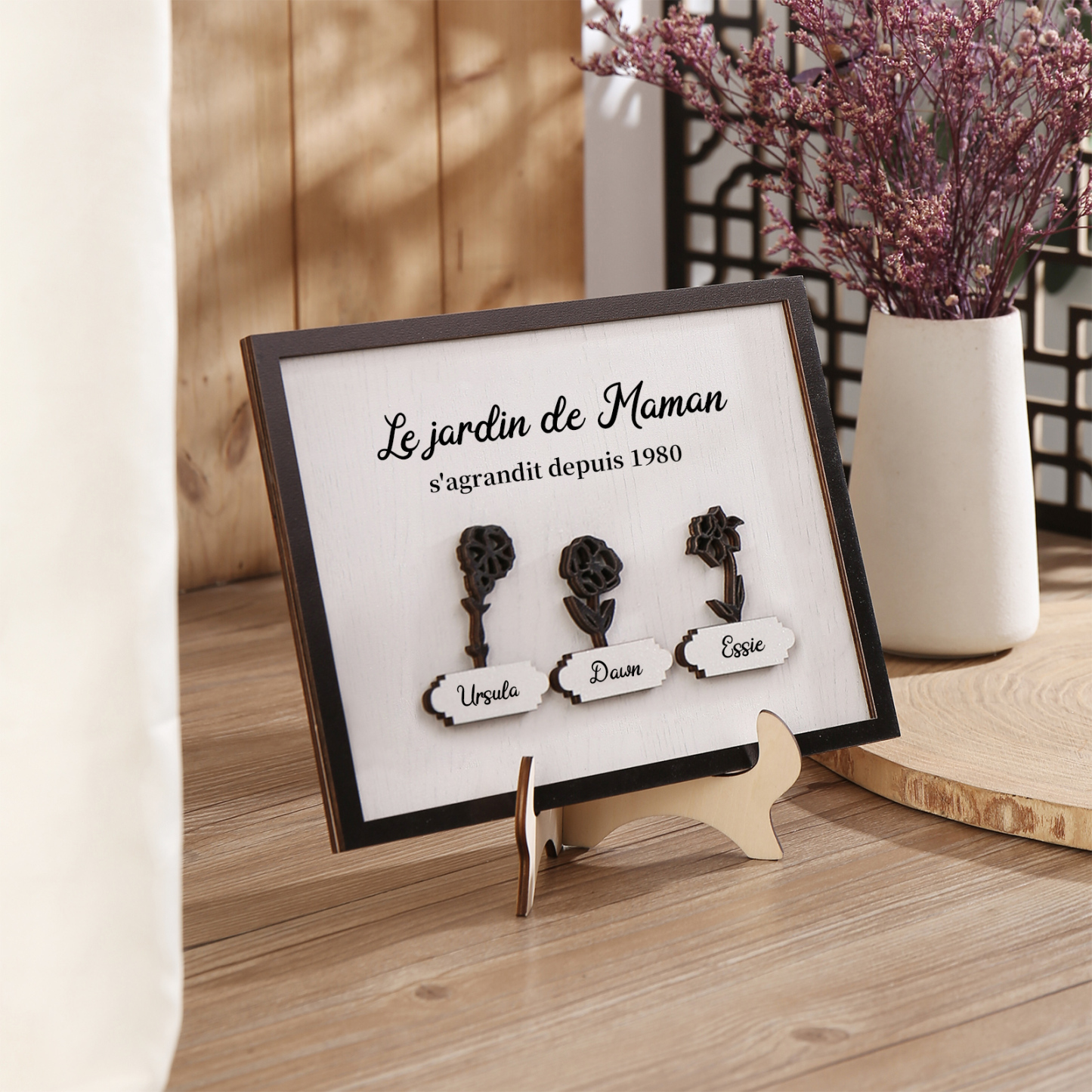 À ma Maman - Décoration en bois Fleurs 3 Prénoms Personnalisés avec Fleurs de naissance Ornement pour Famille
