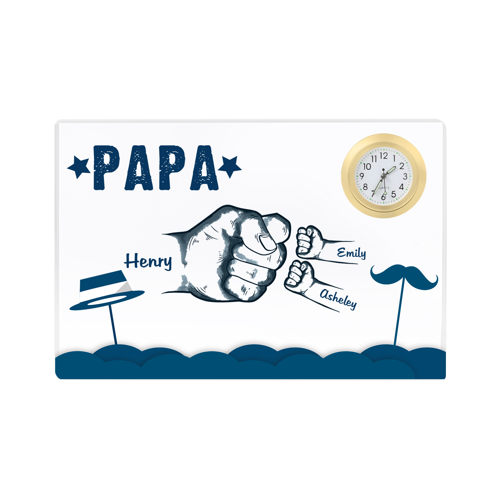 À Papa/Papi - Plaque Acrylique Poings Rectangle avec Horloge 3 Prénoms et 1 Texte Personnalisés