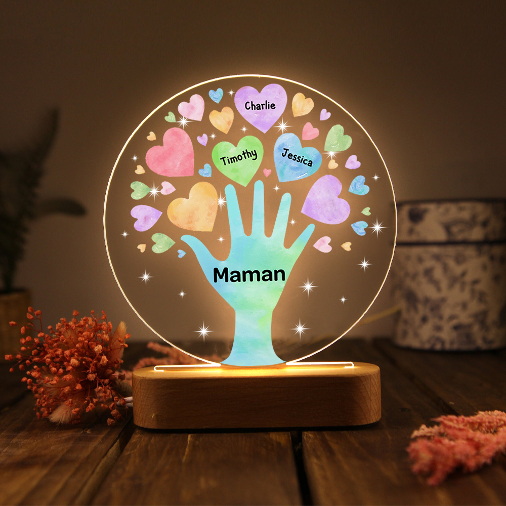 À Maman/Mamie - Lampe de chevet LED Lumières Cœur 3 Prénoms Personnalisés avec 1 Texte pour Famille