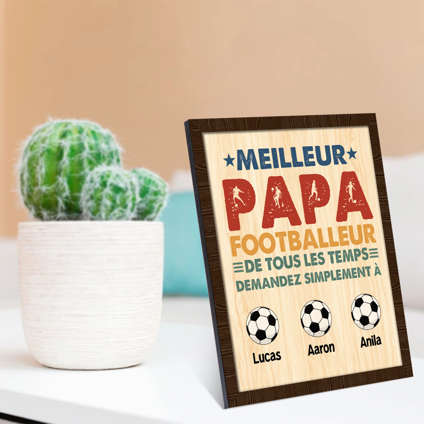 À Mon Papa-Cadre en Bois Football 3 Prénoms Personnalisés