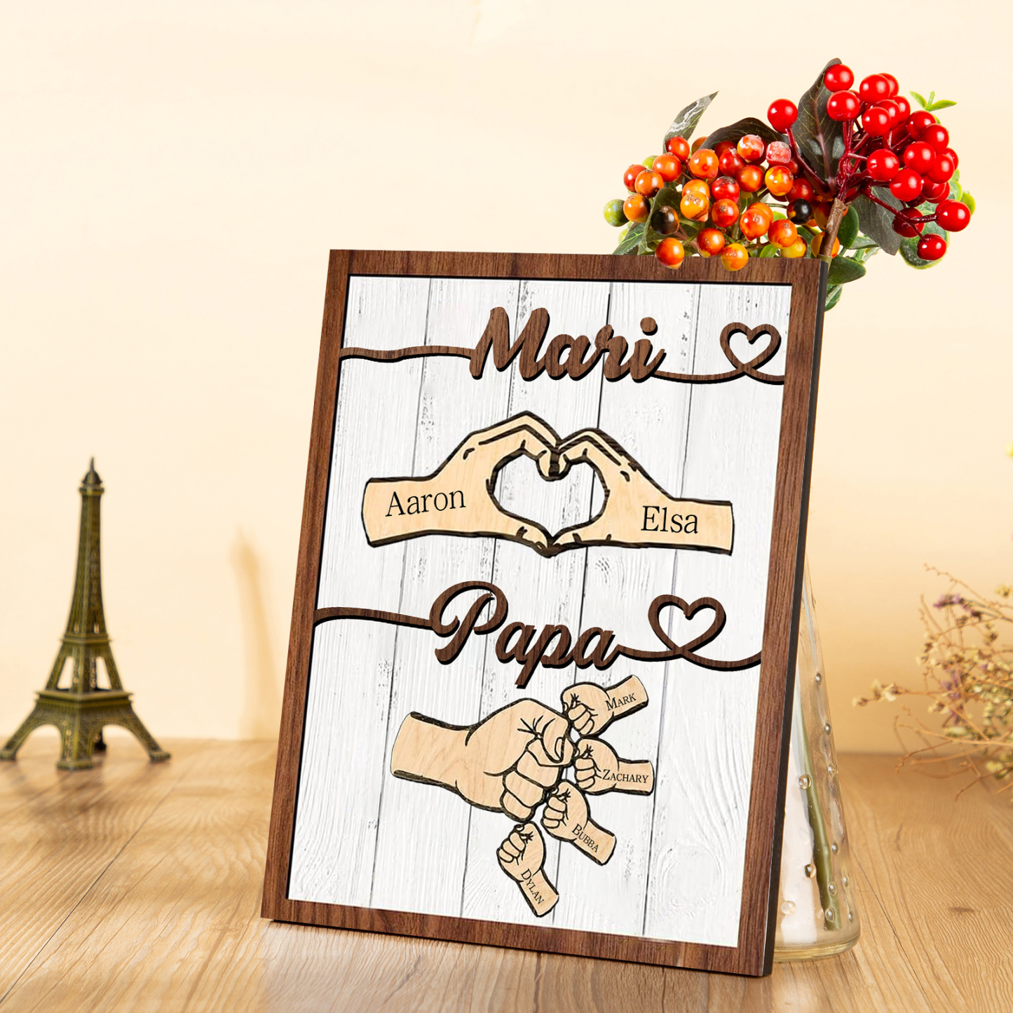 À mon Papa/Mari-Cadre en Bois Mains et Poings 6 Prénoms Personnalisés