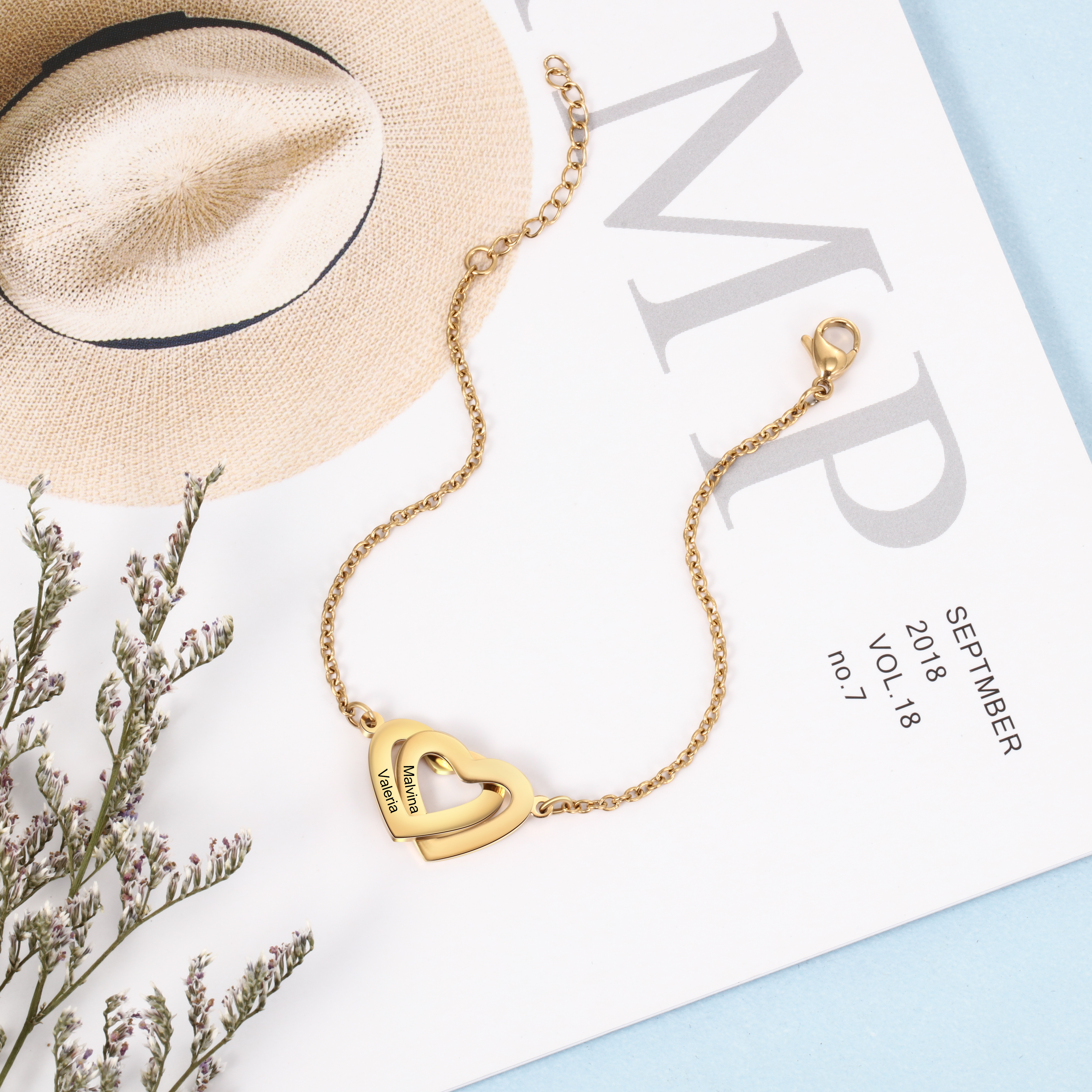 Bracelet Personnalisé Femme 2 Prénoms Personnalisés avec 2 Cœurs｜Jessemade