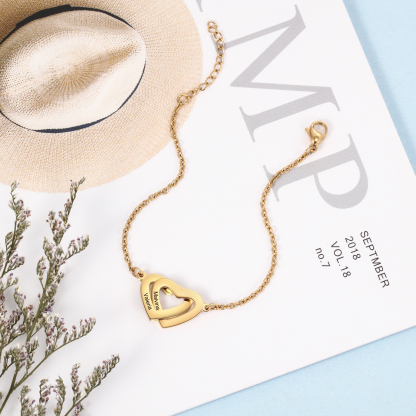 Bracelet Personnalisé Femme 2 Prénoms Personnalisés avec 2 Cœurs｜Jessemade