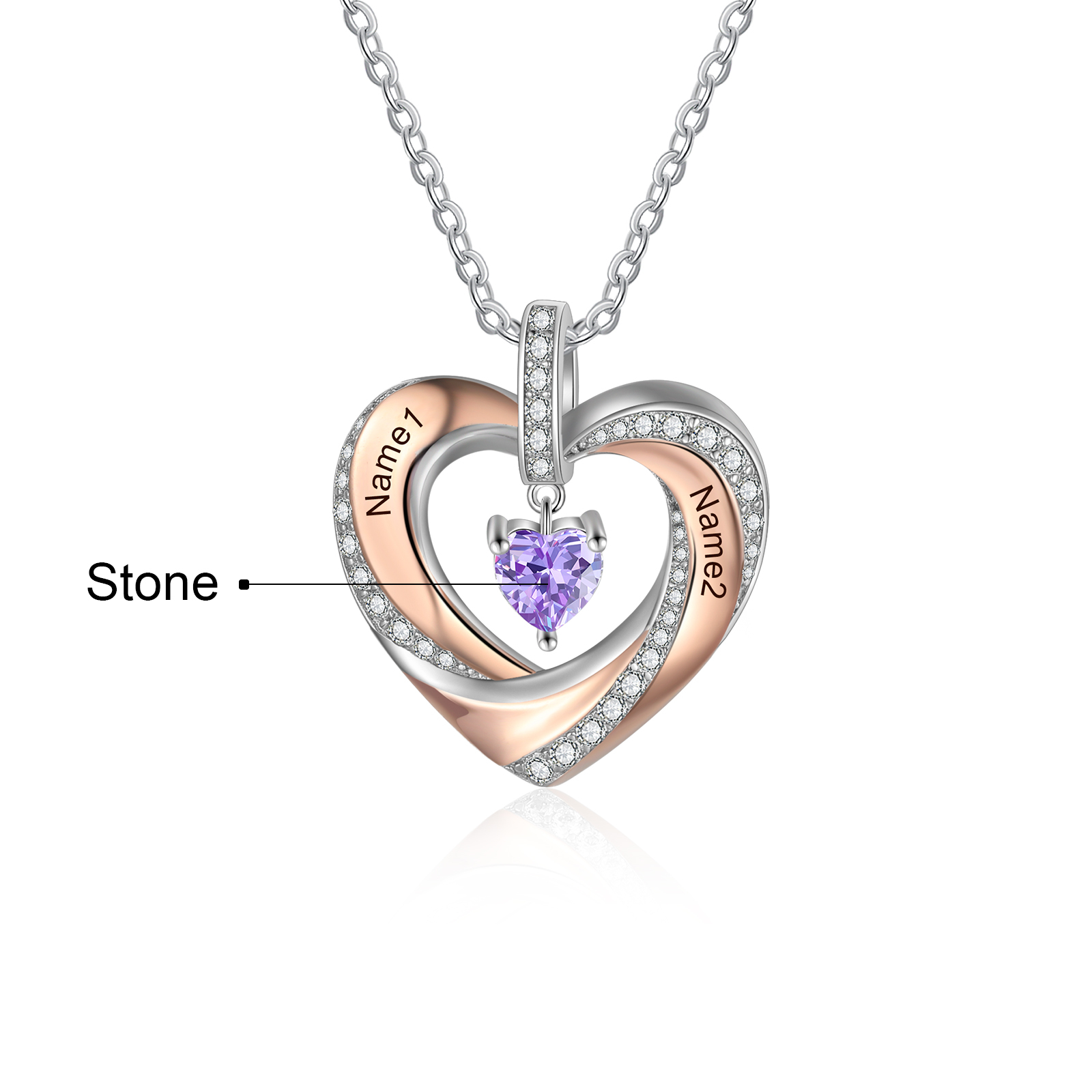 Collier 2 Prénoms Personnalisé Pendentif avec 1 Pierre de Naissance Cœur