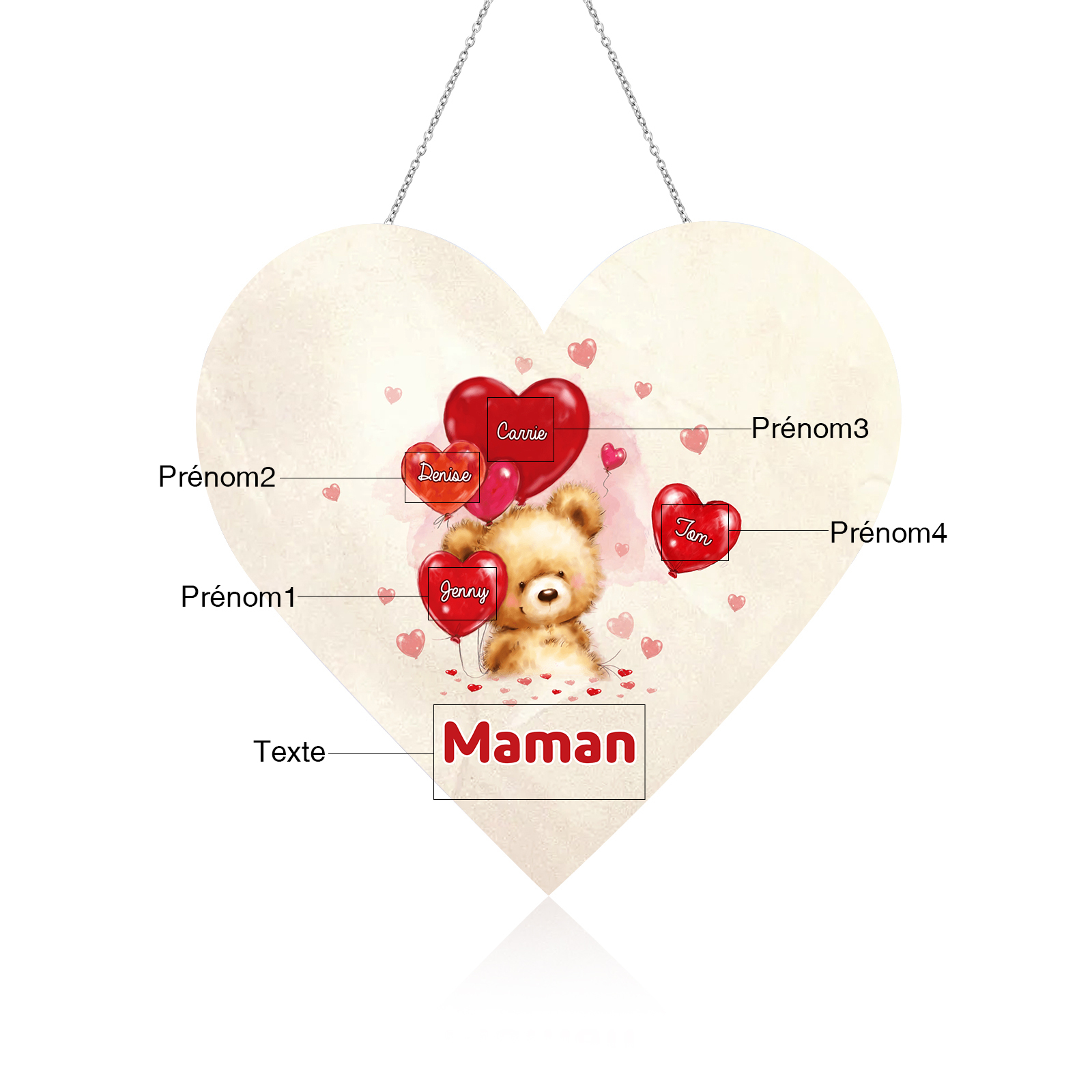 À Maman/Mamie - Veilleuse Cœur Décoration Ours 4 Prénoms Personnalisés avec 1 Texte