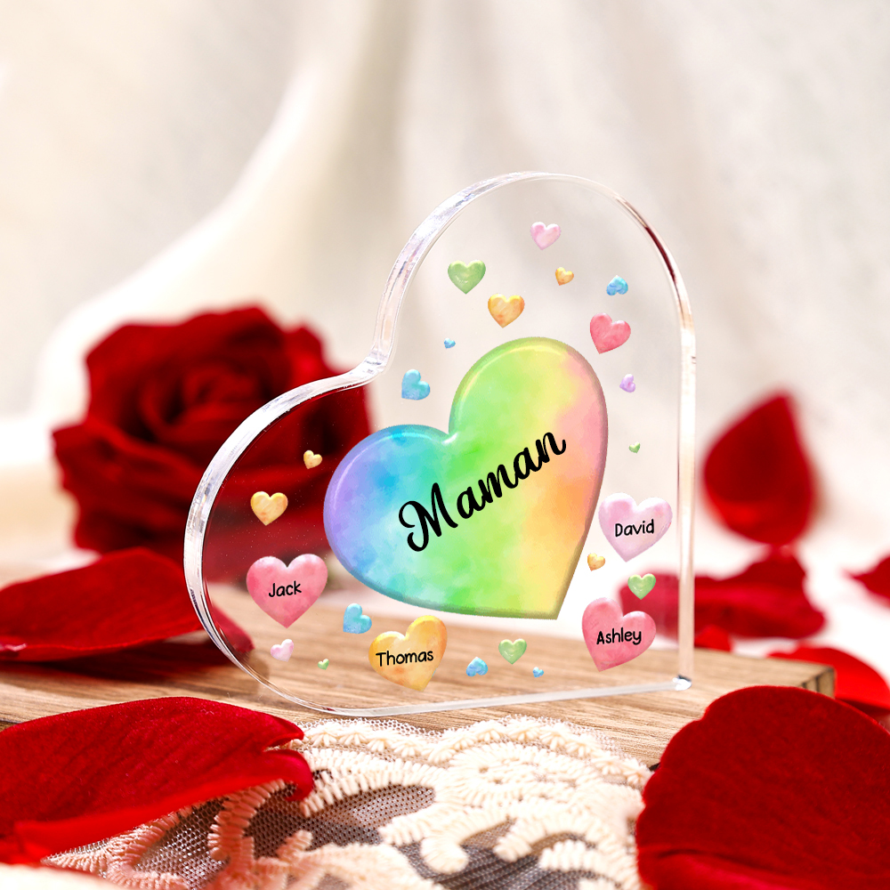 À ma Maman/Mamie - Plaque Acrylique en Forme de Cœur 4 Prénoms Personnalisés avec 1 Texte
