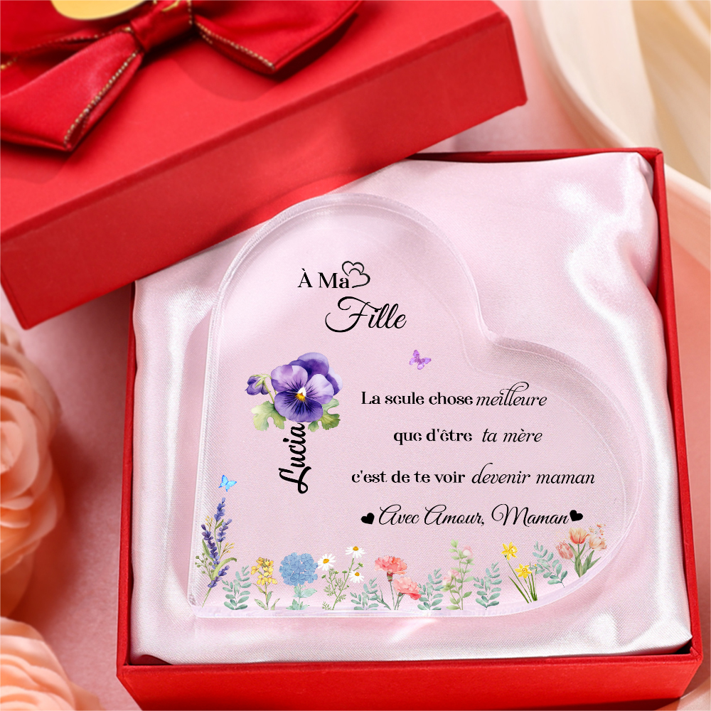 À ma Fille - Plaque Acrylique Cœur personnalisé avec 1 Prénom, Fleur de naissance et Texte Déco de Maison | Jessemade