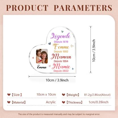 À ma Mamie - Plaque Acrylique en Forme de Cœur 1 Prénom et Photo  Personnalisés avec 4 Années