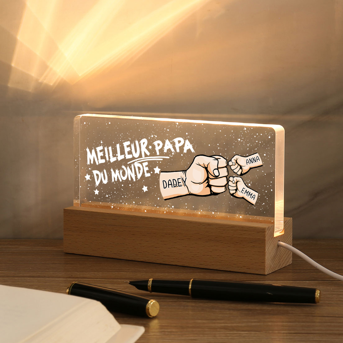 À mon Papa- Lampe de chevet LED Poings 3 Prénoms Personnalisés