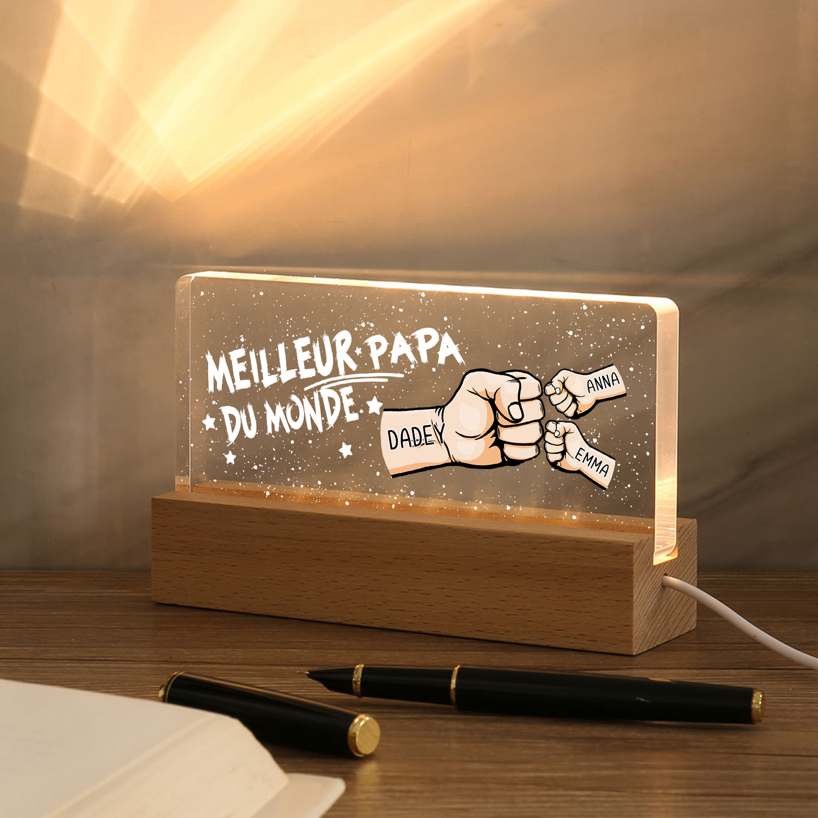 À mon Papa- Lampe de chevet LED Poings 3 Prénoms Personnalisés