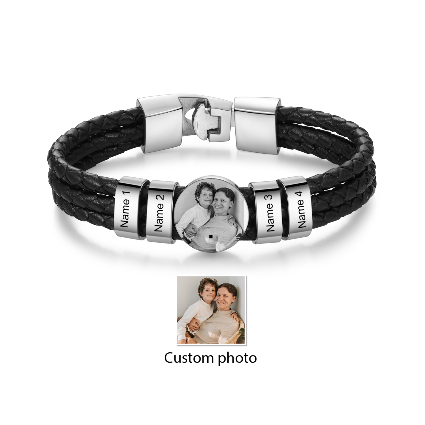 Bracelet en Cuir 4 Prénoms Personnalisés avec Photo pour Hommes