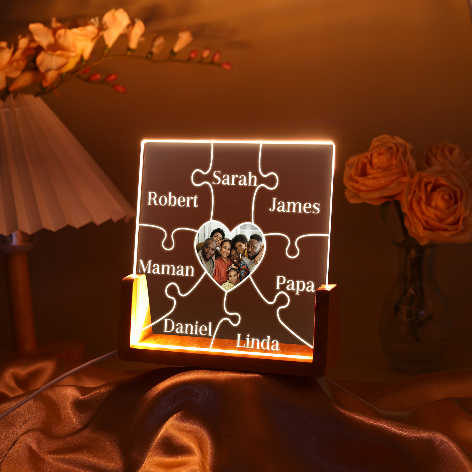 Lampe de chevet LED Puzzles 7 Prénoms Personnalisés avec Photo pour Famille