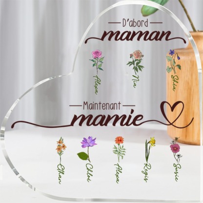 À ma Mamie - Plaque Acrylique en forme de Cœur 2-10 Prénoms Personnalisés avec Fleur de naissance