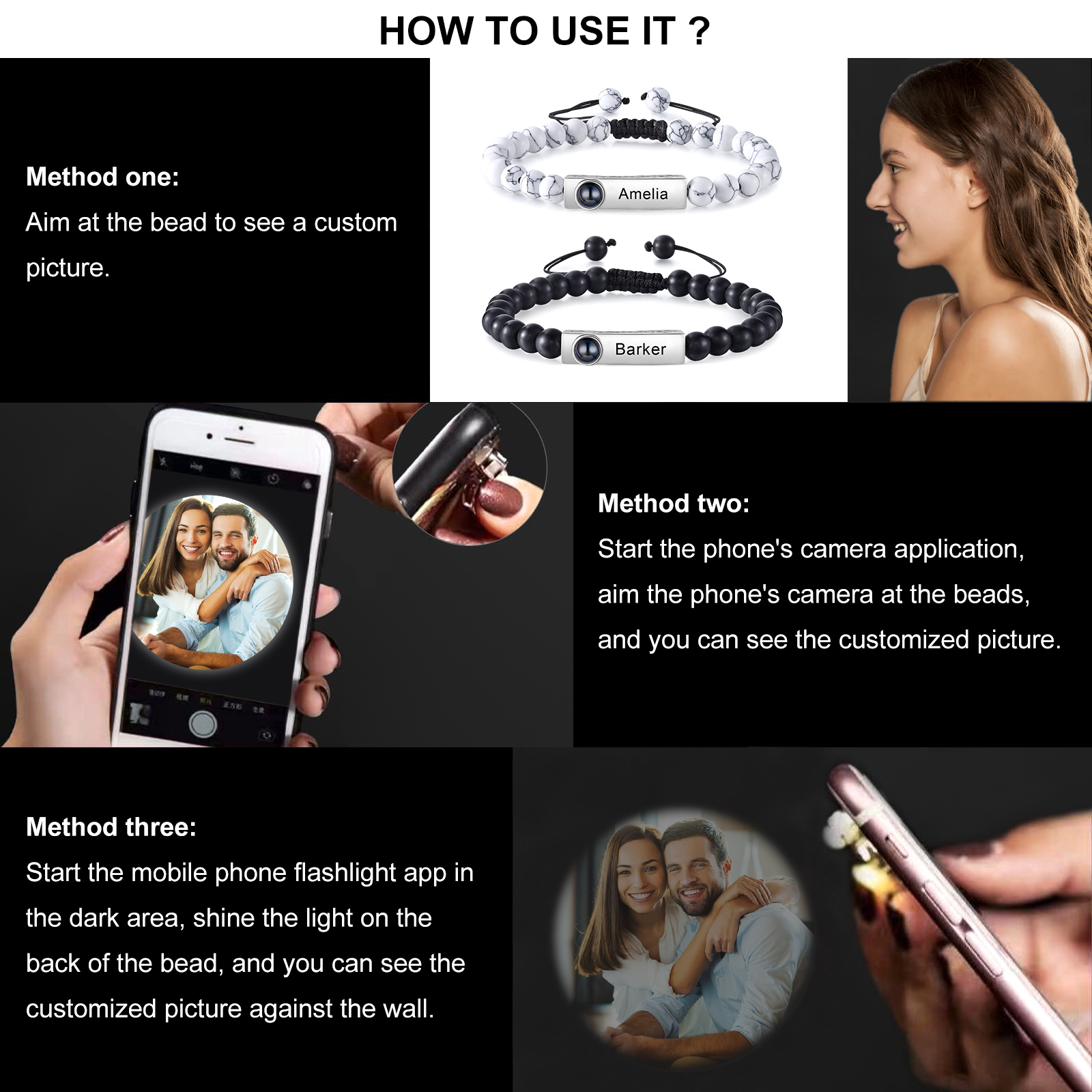 2PCS Bracelets Projection de Pierres 2 Prénoms et 1 Photo Personnalisés pour Couple