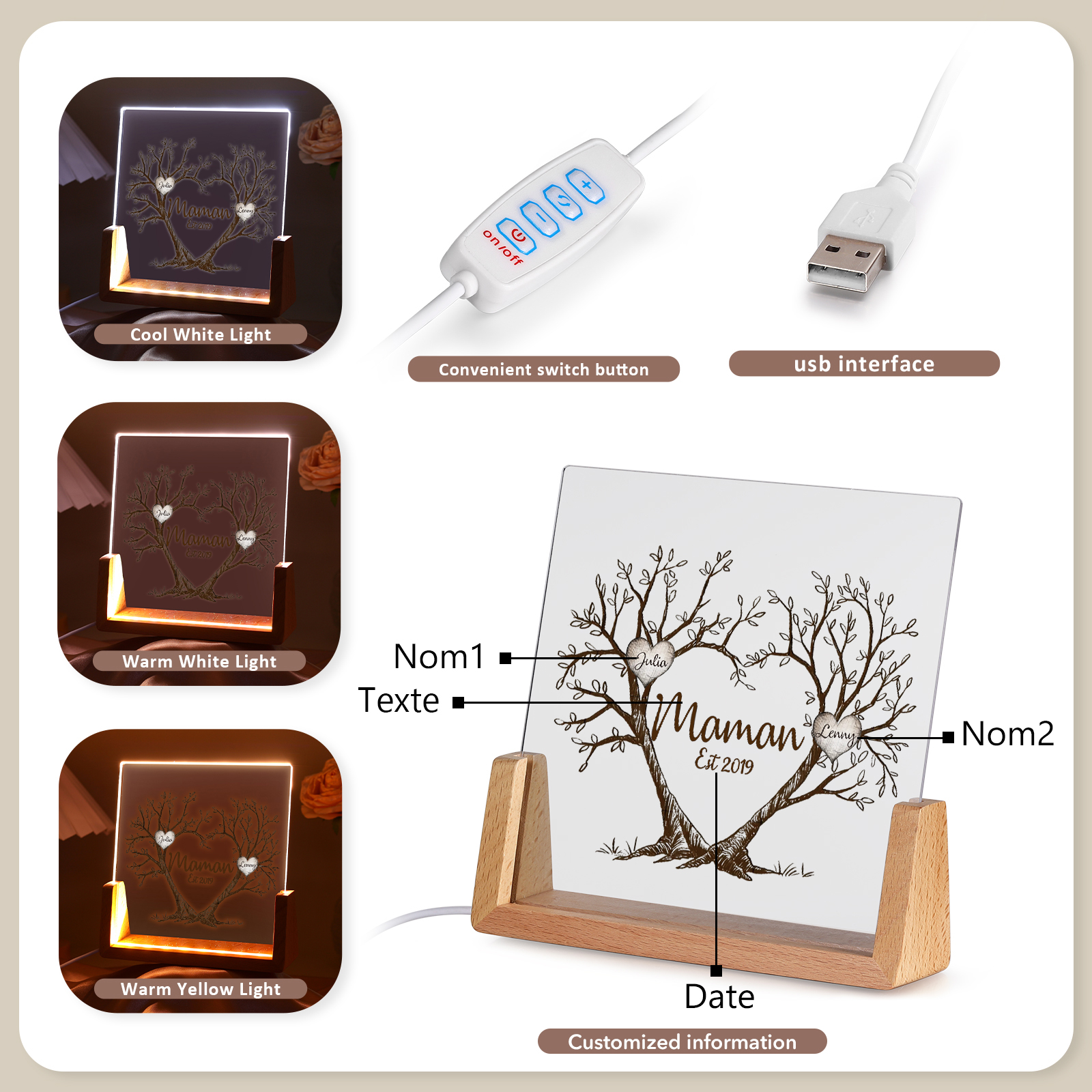 À Maman/Mamie - Lampe de chevet LED Arbre de Vie 2 Prénoms Personnalisés avec Texte et Date pour Famille