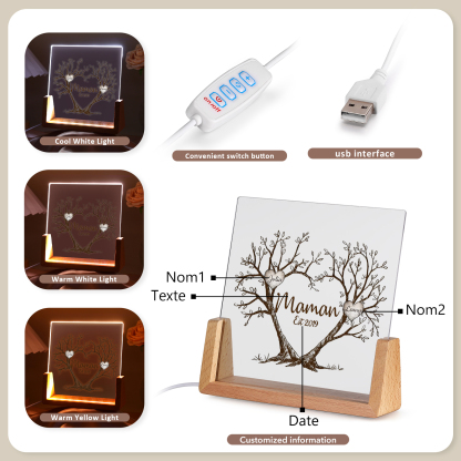 À Maman/Mamie - Lampe de chevet LED Arbre de Vie 2 Prénoms Personnalisés avec Texte et Date pour Famille