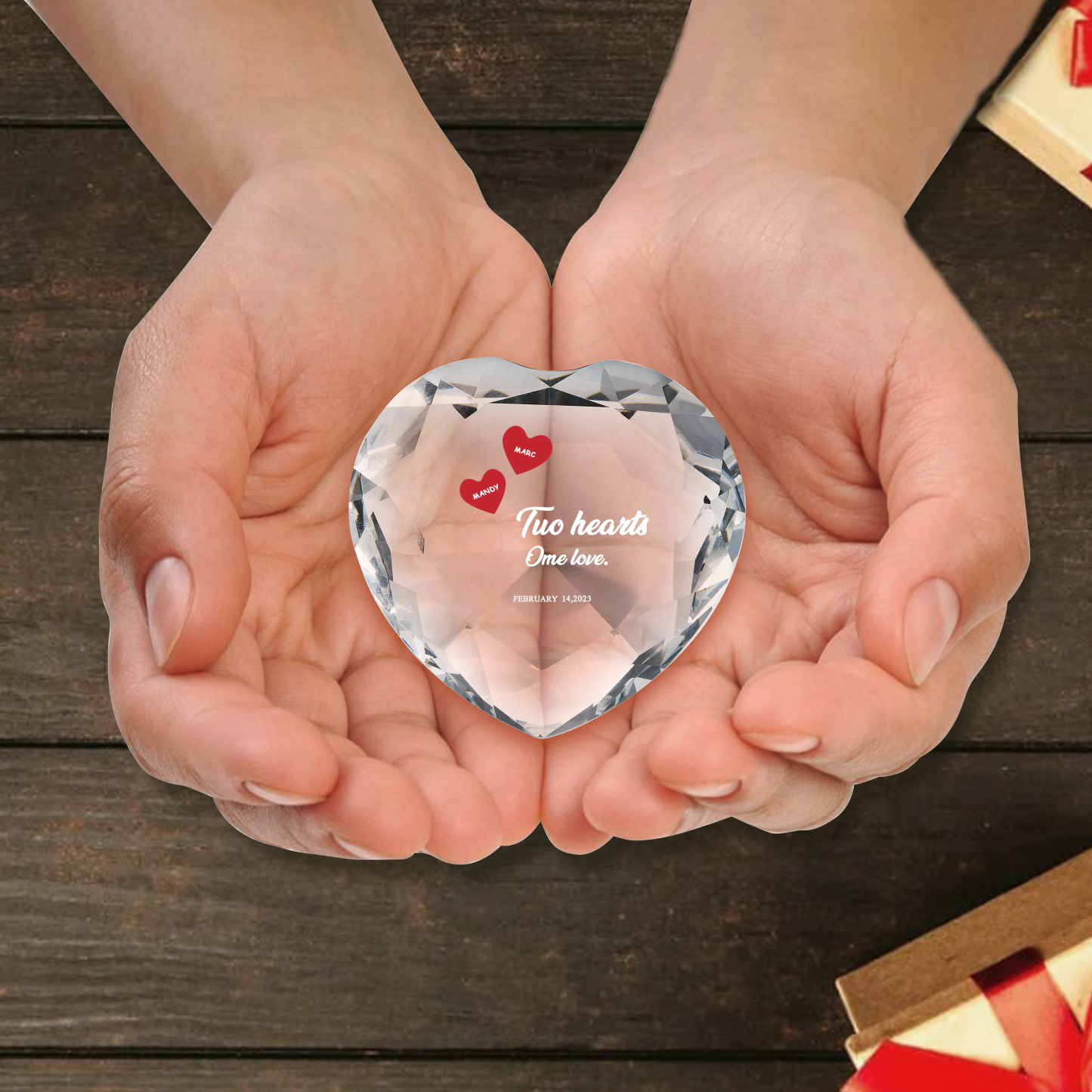 Décoration Cristal Cœur 2 Prénoms Personnalisés avec Texte et Date pour Couple