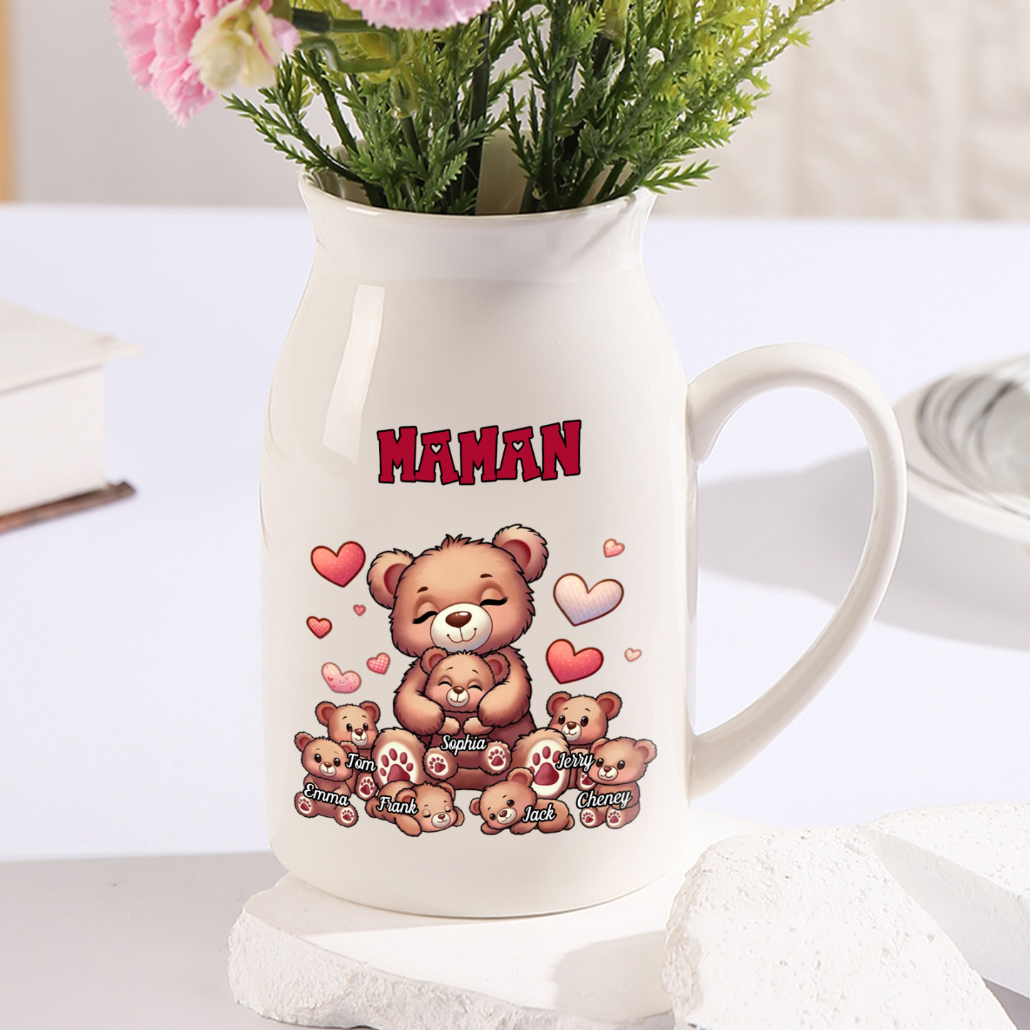 Vase à Fleurs Ours 7 Prénoms Personnalisés avec Texte Décoration de la Maison