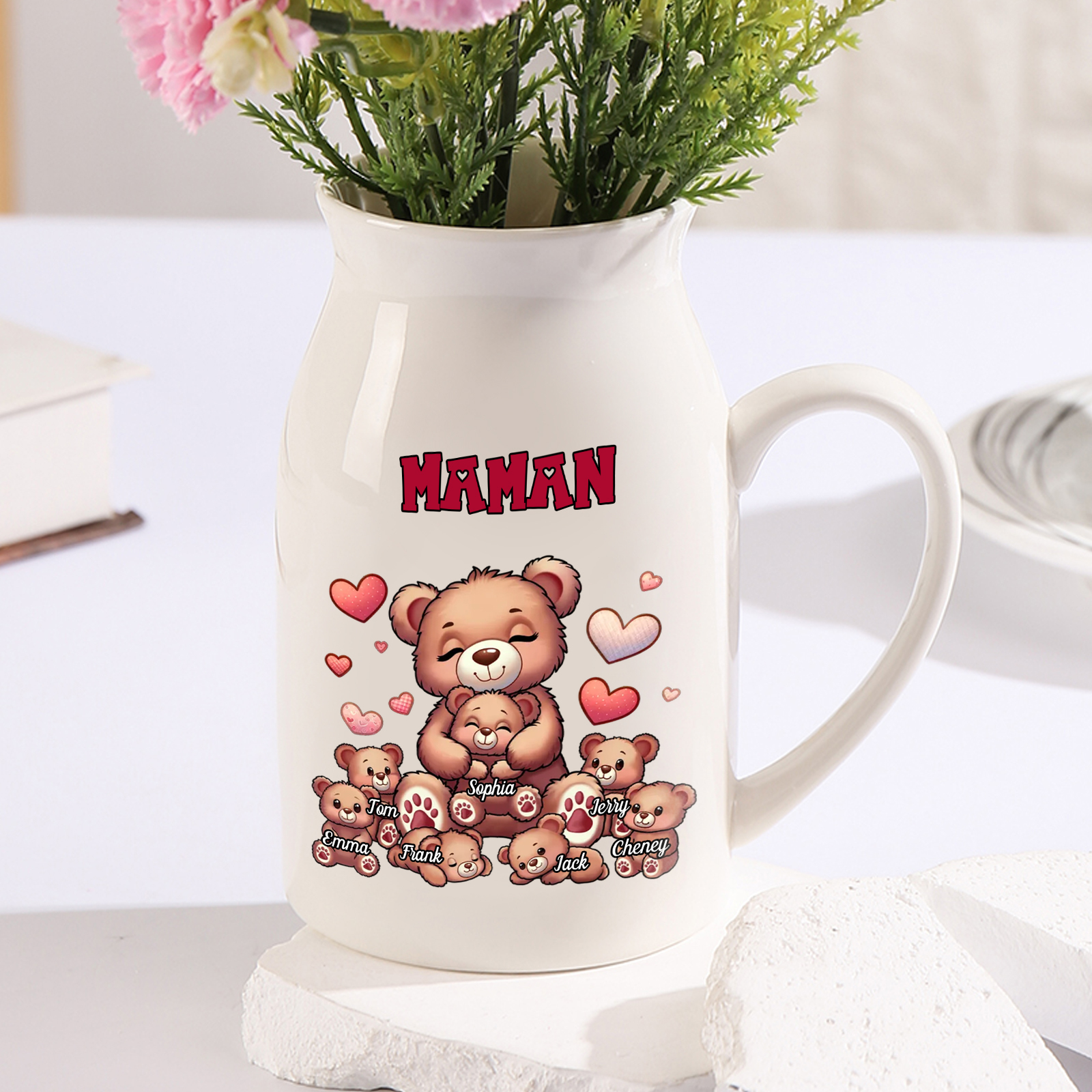 Vase à Fleurs Ours 7 Prénoms Personnalisés avec Texte Décoration de la Maison