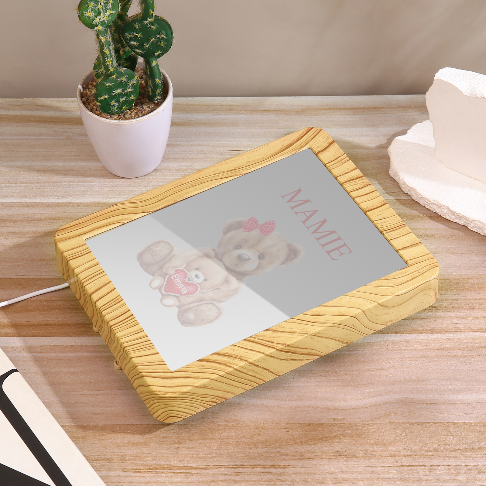 Cadre Photo/Miroir LED Multifonctionnel Ours 1 Prénom Personnalisé avec Texte pour Famille