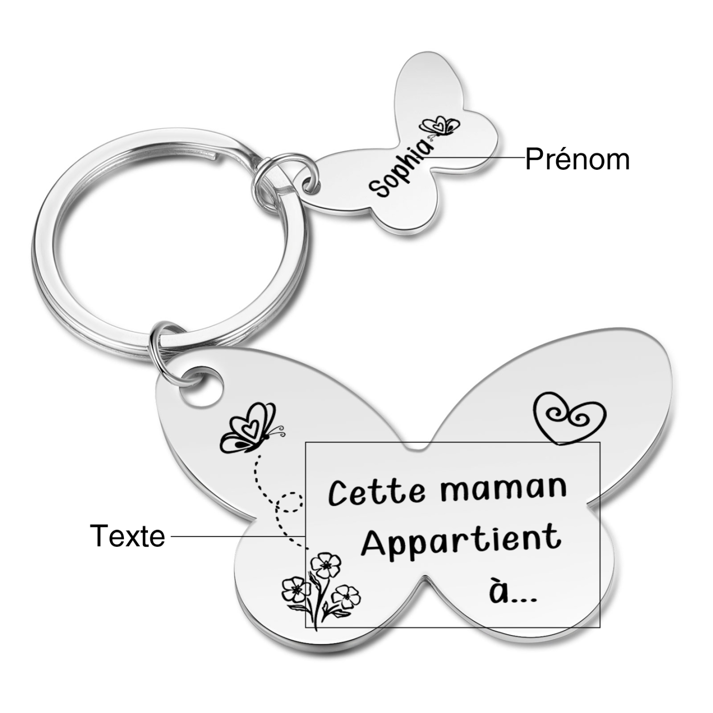 À Maman/Mamie - Porte-Clés Papillon 1 Prénom Personnalisé avec Texte