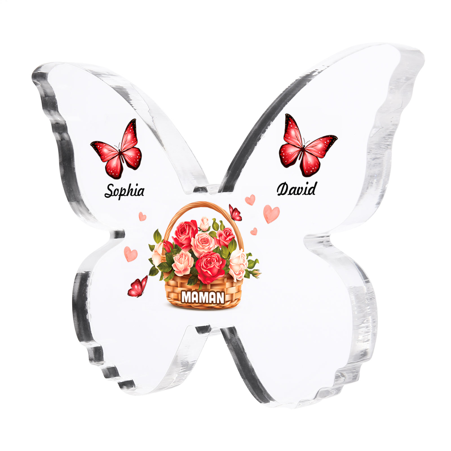 À Maman/Mamie - Plaque Acrylique en forme de Papillon 2 Prénoms et 1 Texte Personnalisés Decoration Fleurs et Papillons