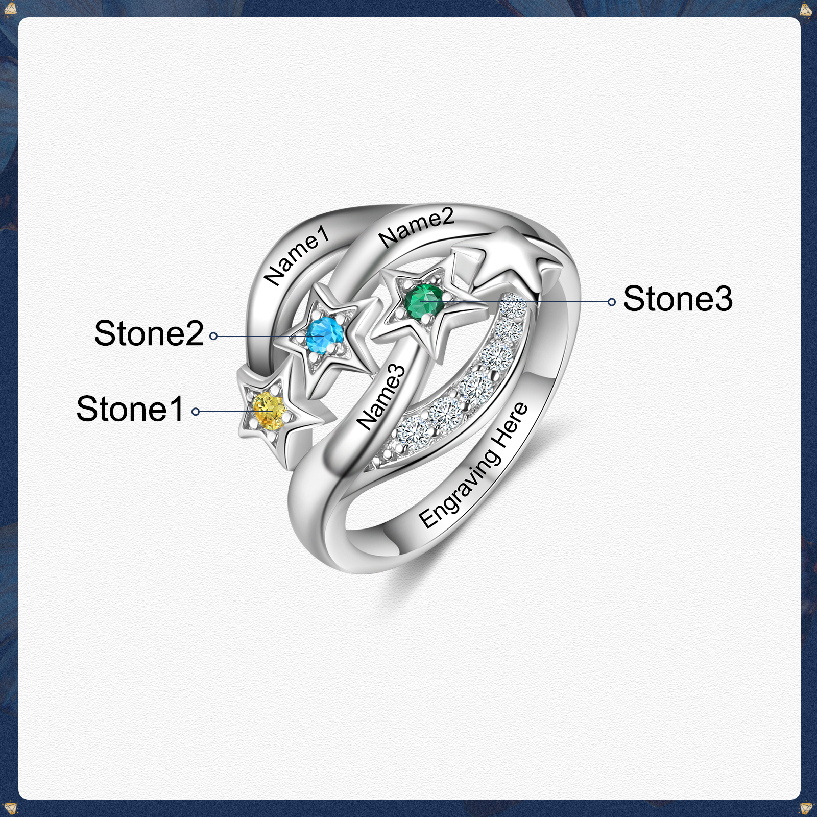 Bague étoilé 3 Prénom Personnalisé avec 3 Pierre de Naissance et texte en Argent 925