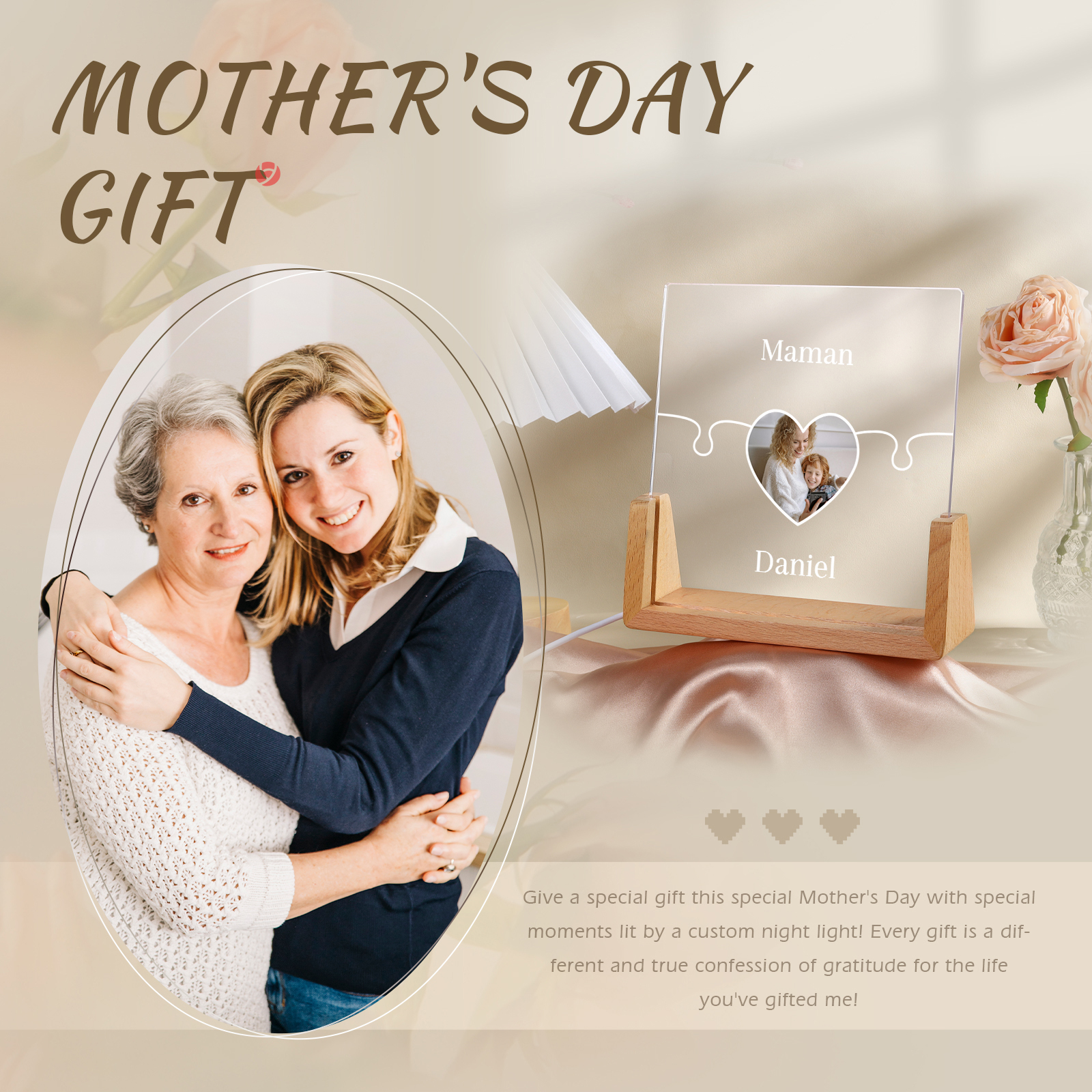 Lampe de chevet LED Puzzles 2 Prénoms Personnalisés avec Photo pour Famille