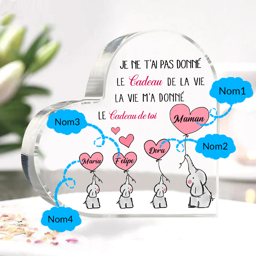 À ma Maman - Plaque Acrylique en Forme de Cœur éléphant 4 Prénoms Personnalisés