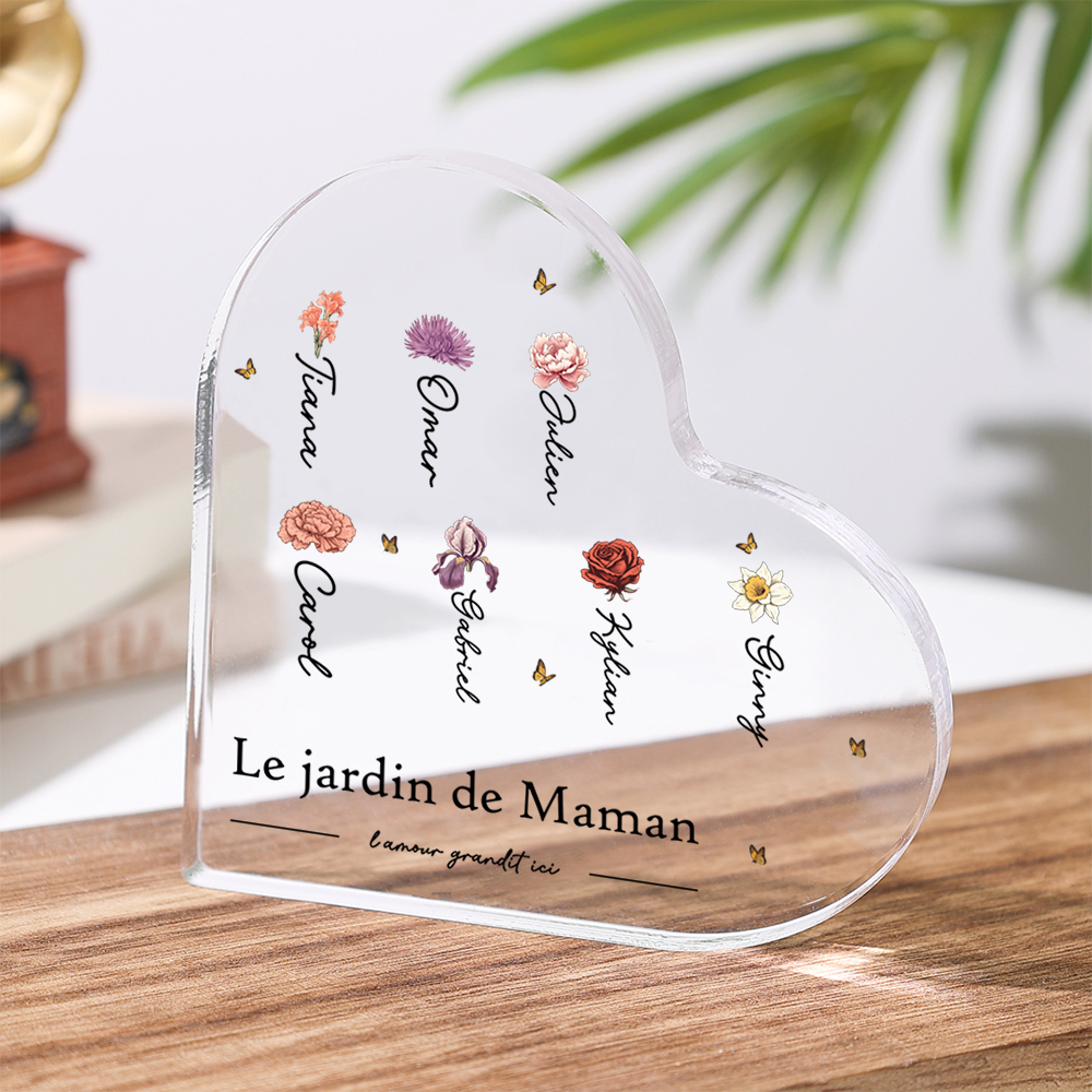 À ma Maman/Mamie - Plaque Acrylique en forme de Cœur 1-10 Prénoms et 1 Texte Personnalisés avec Fleur de naissance
