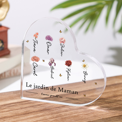À ma Maman/Mamie - Plaque Acrylique en forme de Cœur 1-10 Prénoms et 1 Texte Personnalisés avec Fleur de naissance
