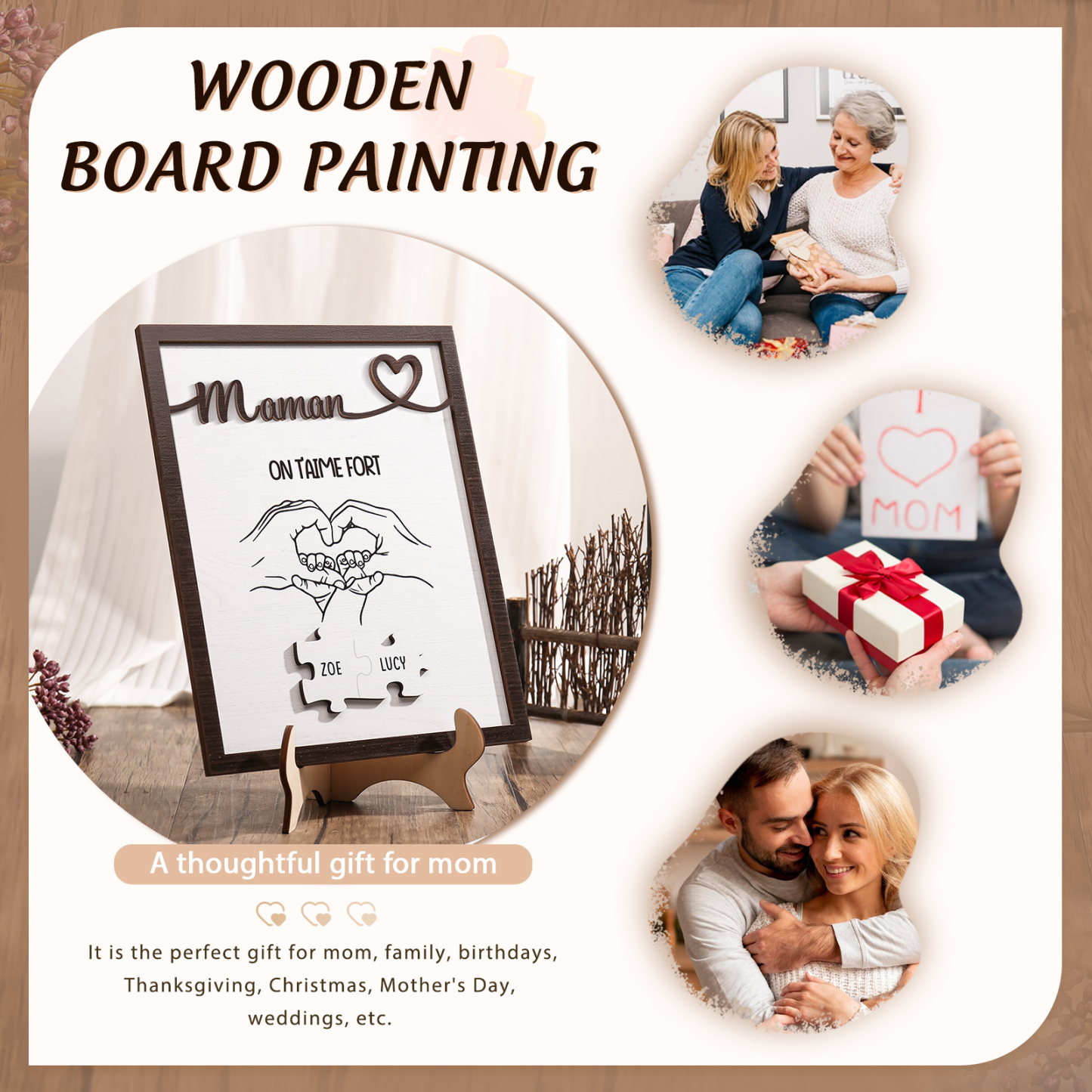 À Maman - Décoration en bois Mains et Puzzles 2 Prénoms et 1 Texte Personnalisés Ornement Famille