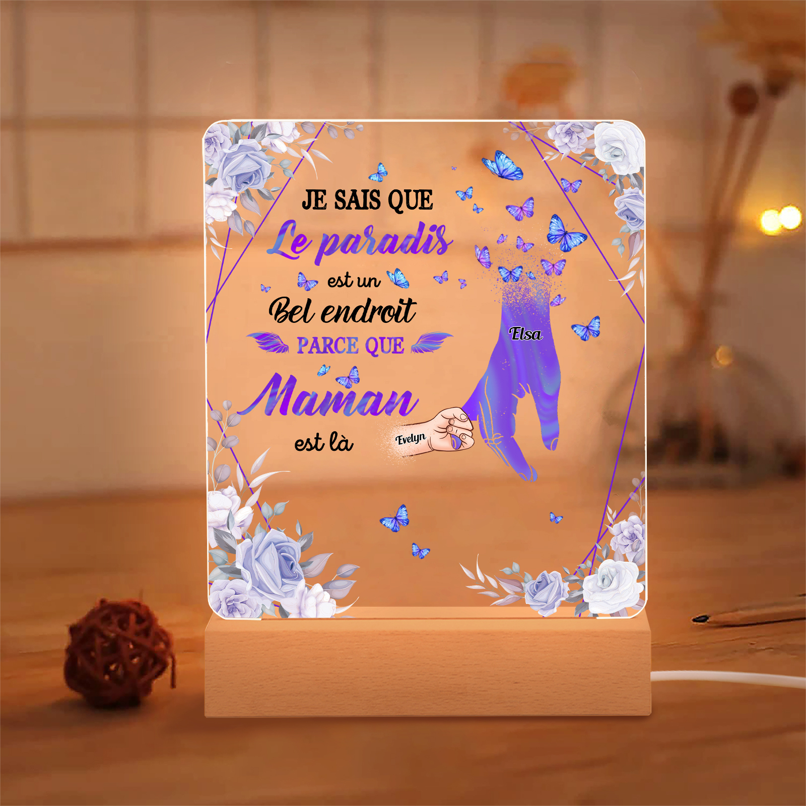 À Maman/Papa - Lampe de chevet LED Commémorative 2 Prénoms Personnalisés avec 1 Texte Lampe de chevet la main dans la main