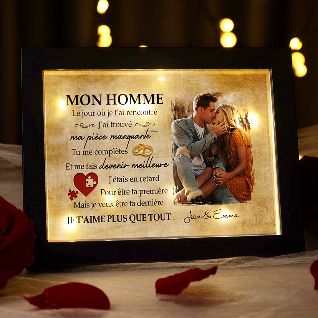 Jessemade FR Cadre en bois LED de Saint-Valentin 2 Prénoms personnalisé avec photo