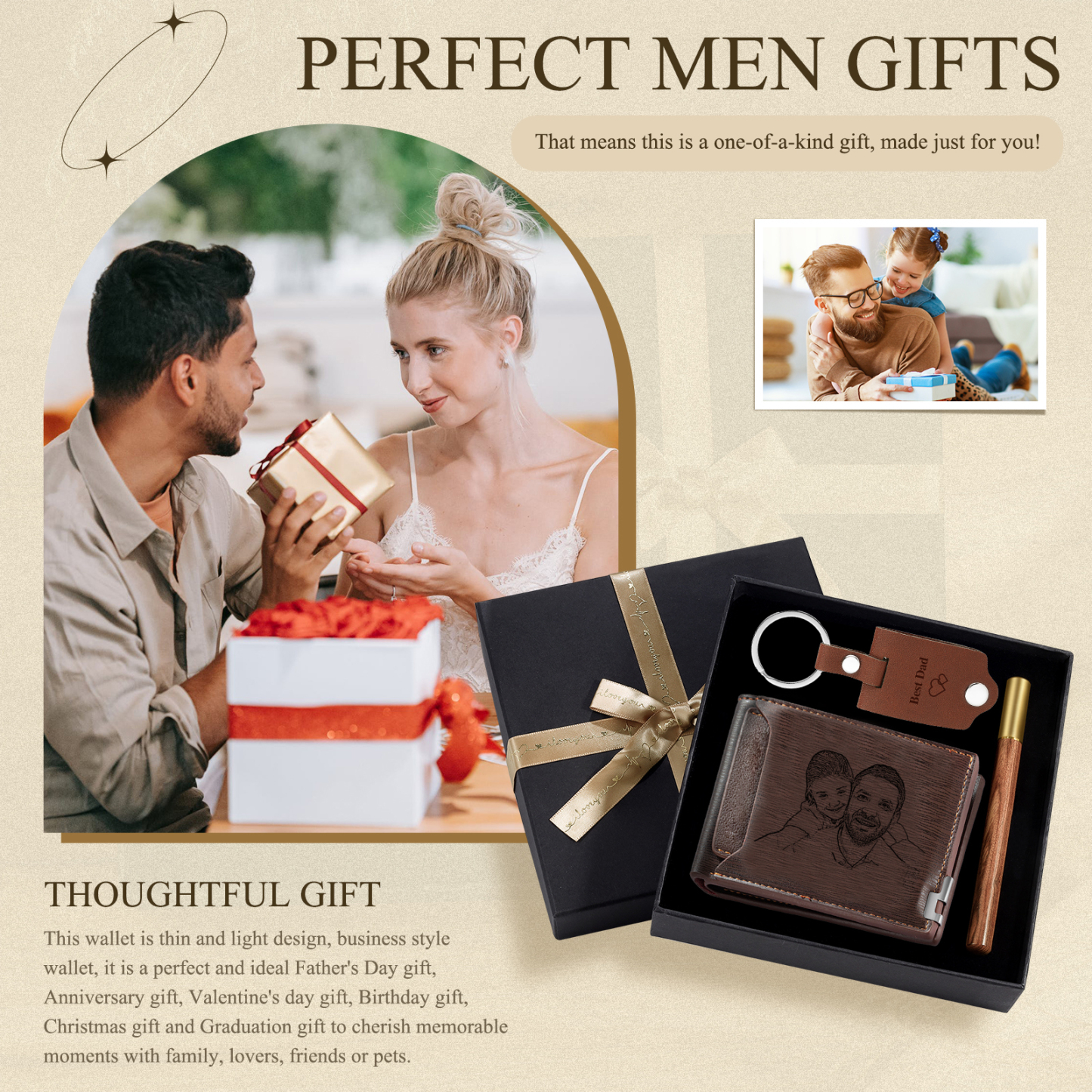 Coffret Cadeau 3PCS - Portefeuille classique Porte-Clés et Stylo 3 Textes Personnalisés avec 2 Photos Coffret Cadeau pour Homme