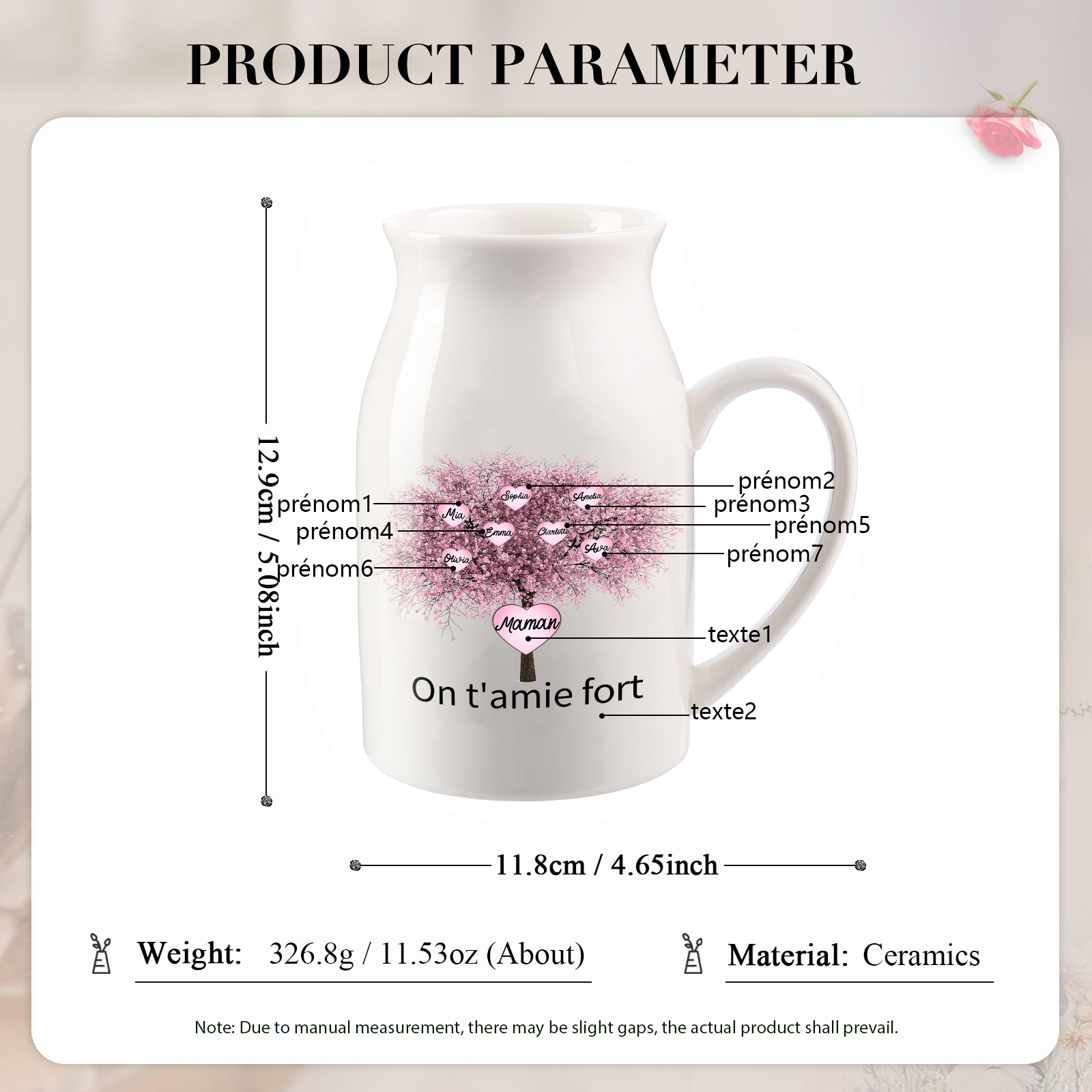 Vase à Fleurs Arbre 7 Prénoms Personnalisés avec 2 Textes Décoration de la Maison